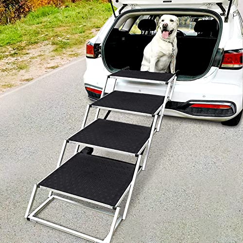 Widen Foldable Dog Car Stairs, Aluminum Frame 4 Steps Portable &Lightweight Pet Stairs, The Widest and Deepest Ladder on The Market, Nonslip Pet Ramp for Cars, Trucks and SUVs, Support 150 to 200 lbs