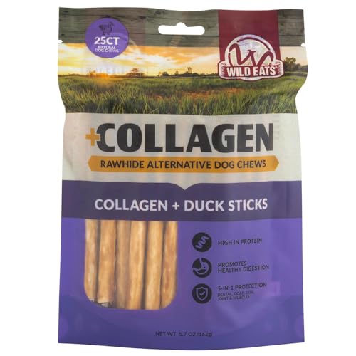 Wild Eats Beef Collagen Sticks for Dogs (25 Pack, 5 Inch) Long Lasting Dog Chews (Duck Flavored) No Hide Dog Treat Bully Stick Rawhide Free, Grain Free, High Protein