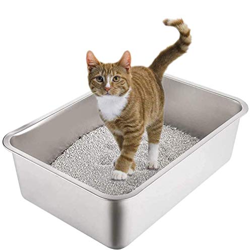 Yangbaga Stainless Steel Litter Box for Cat and Rabbit, Odor Control Litter Pan, Non Stick, Easy to Clean, Rust Proof, Large Size with High Sides and Non Slip Rubber Feet