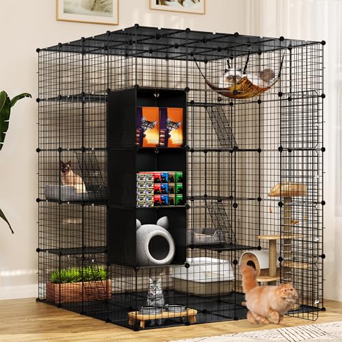 YITAHOME Cat Cage Indoor Large with Storage Cube DIY Outdoor Catio Cat Enclosures Metal Cat Playpen with Hammock Platforms for 1-4 Cats 5 Tiers Cat Kennel