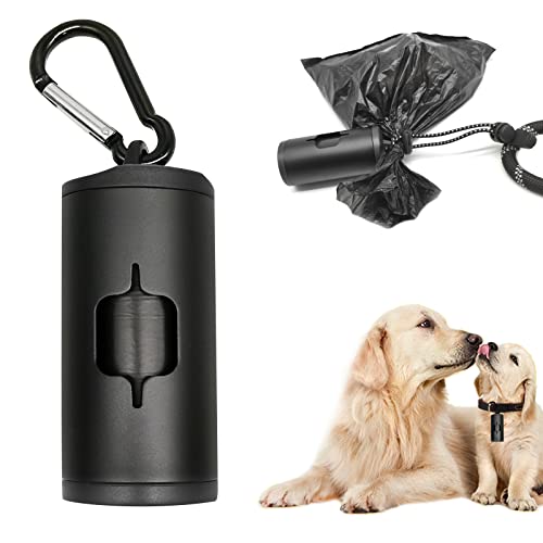 YUCHIYA Aluminum Dog Poop Bags Holder with Carabiner Metal Pet Waste Bags Dispenser with Hook and Loop Fastener and Elastic Cord to Carry Used Bags(Black, 1 Holder 15 Bags)