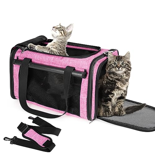 YUDODO 25 lbs Lightproof Pet Carriers Airline Approved Dog Cat Travel Soft Sided Carrier Reflective Mesh Safe Pet Cat Carrier Foldable Portable Small Animal Rabbit Puppy Cat Carrier Pink