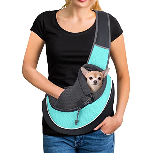 YUDODO Pet Dog Sling Carrier Mesh Hand Free Adjustable Dog Satchel Carrier Bag Papoose Crossbody for Small Medium Dog Cat Rabbit (S, Cyan)