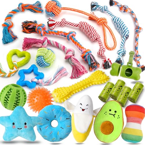 Zeaxuie 23 Pack Luxury Dog Chew Toys for Puppy, Cute Toys with Ropes Puppy Chew Toys, Treat Ball and Squeaky Toys for Teething Small Dogs