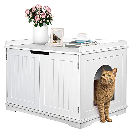 ZENY Cat Litter Box Enclosure, Cat Litter Box Furniture Hidden, Wooden Cat Litter Cabinet with Divider, Modern Cat Washroom Storage Bench，Fit Most of Litter Box, White
