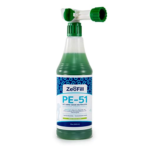 Zeofill PE-51 Pet Odor Eliminator – Urine Odor Neutralizer with Max Flow Garden Hose Spray Nozzle | Pet, Turf & Yard Smell Remover | Cat & Dog Pee Deodorizer Spray | All Natural Enzymes | 32oz Bottle