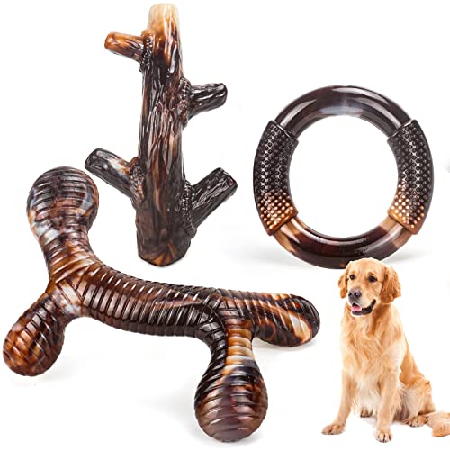 Zimtty Dog Toys, 3 Pack Indestructible Dog Chew Toys for Aggressive Chewers, Durable Tough Nylon Real Bacon Flavor Teething Chew Toys for Large Medium Small Dog Breeds (Brown1)