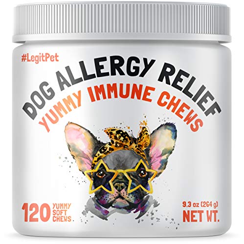 Allergy Relief Chews for Dogs & Immune & Digestive Supplement with Wild Salmon Oil Kelp Colostrum Turmeric Probiotics & Bee Pollen for Seasonal Allergies Anti Itch, Skin Hot Spots Soft Treats