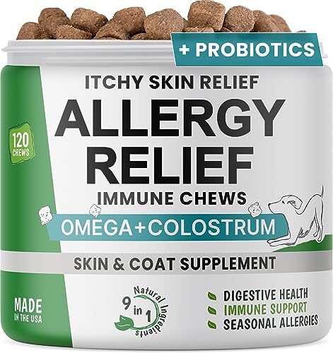 Allergy Relief Dog Chews - Itchy Skin Relief w/Probiotics + Omega 3 + Colostrum - Seasonal Allergies - Anti-Itch Treats - Skin & Coat + Immune Supplement - Made in USA - Chicken Flavor - 120 Ct