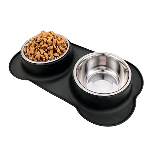 AsFrost Dog Food Bowls Stainless Steel Dog Bowls, Dog Food and Water Bowl Set with No Spill Non-Skid Silicone Mat, Dog Dishes for Small Medium Large Sized Dogs Pet Cat Food Bowls, 6 Cup, Black