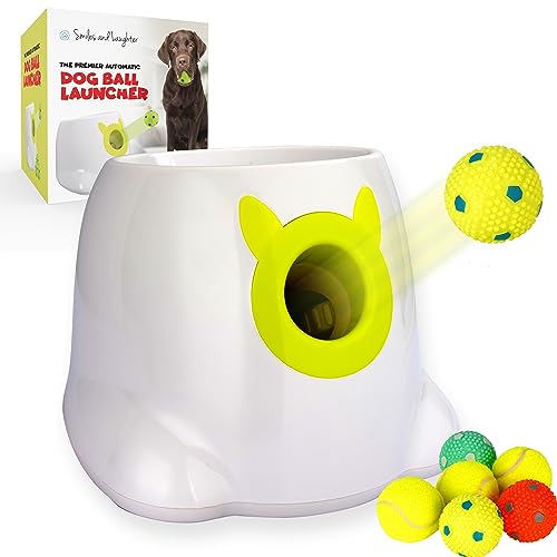 Automatic Dog Ball Thrower Launcher - Dog Fetch Machine for Small to Medium Sized Dogs, Adjustable Launch Distances, Ball Launcher for Dogs with 6 Tennis/Latex Balls, Dual Power, Ball Thrower for Dogs