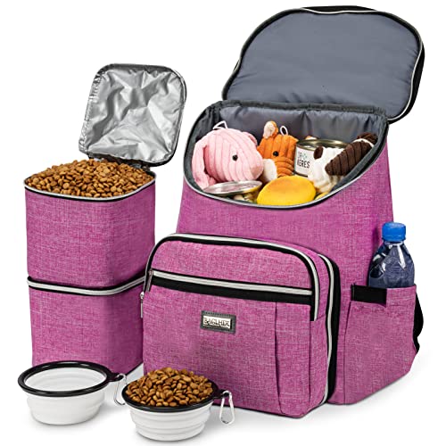 BAGLHER Travel Dog Backpack - Detachable Travel Dog Food Container for Pet Supplies Dog Gear Backpack,Dog Bag for Traveling with 2 Silicone Collapsible Bowls and 2 Food Baskets Pink