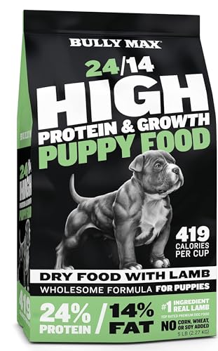 Bully Max Puppy Food 24/14 High Protein & Growth Formula - Natural Dry Dog Food with Lamb and Rice for Small Dogs and Large Breed Puppies - Slow-Cooked, Sensitive Stomach Pet Food, 5-Pound Bag