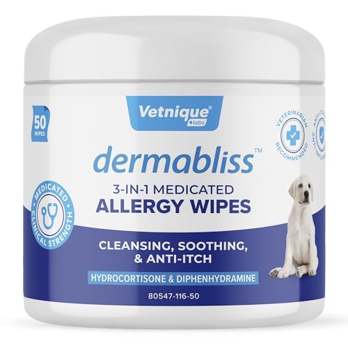 Dermabliss Dog Allergy Itch Relief - Chews, Medicated Hydrocortisone Anti-Itch Shampoo, Spray, Wipes & Omega Immune Treats - Vet Recommended for Allergies & Immunity (3-in-1 Allergy Wipes, 50ct)