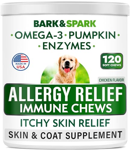 Dog Allergy Relief Chews - Anti-Itch Skin & Coat Supplement - Omega 3 Fish Oil - Itchy Skin Relief Treatment Pills - Itching & Paw Licking - Dry Skin & Hot Spots - (120 Immune Treats - Chicken)