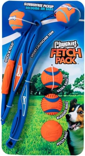 Dog Gift Bag with Chuckit Ball Launcher Fetch Pack 7-Piece Set, Fold Launcher 25M & Sport Launcher and 18M Compact Dog Ball Launcher, All Breed Sizes