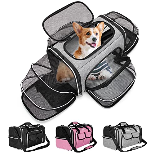 Estarer Soft Sided Pet Carrier Airline Approved, 4 Sides Expandable Collapsible Cat Carrier with Pockets & Removable Fleece Pad, Travel Carrier Bag for Cat Dog & Small Animals (Grey)