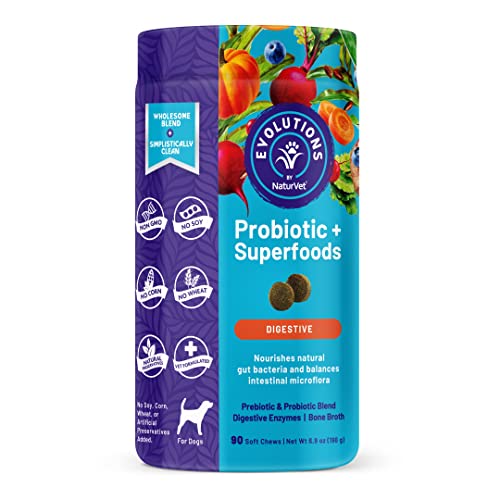 Evolutions by NaturVet Probiotic & Superfoods 90ct Soft Chews for Dogs - Prebiotic & Probiotic Blend, Digestive Enzymes, Bone Broth, Omega's - Nourishes Natural Gut Bacteria and Intestinal Microflora