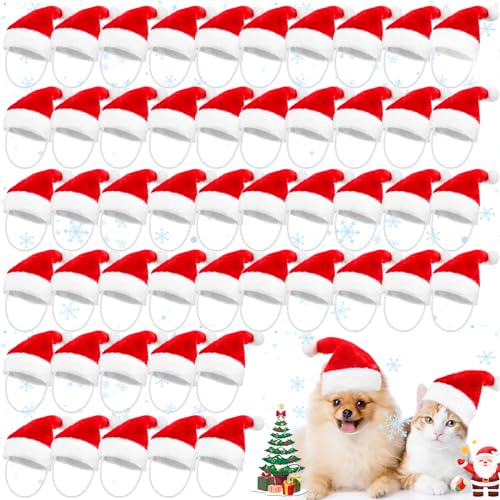 Ficerd 50 Pcs Pet Santa Hat Christmas Dog Cat Costumes Plush Santa Claus Crafts Cap for Puppy Kitten Small Cats and Dogs, Adjustable Puppy Hat for Xmas Winter Holiday Party Decoration