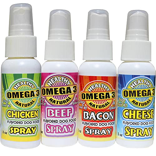 Flavored Sprays Flavored Omega 3 Dog Food Toppers are Delicious and Holistic Blends of All Natural Human Grade Edible Oils and Natural flavorings That Dogs Love