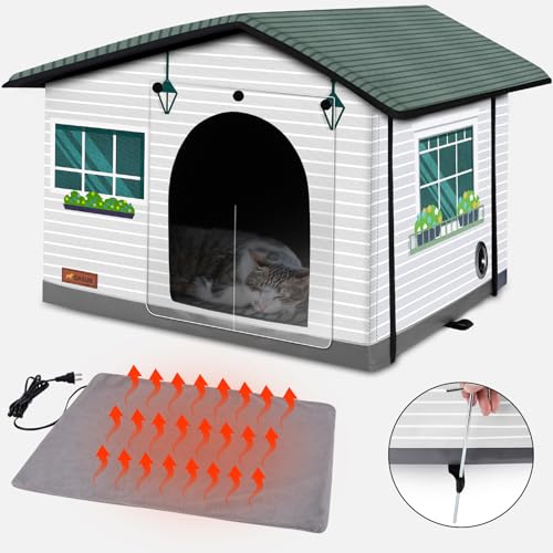 GASUR Weatherproof Heated Cat House, Insulated Heated Cat House Indoor/Outdoor with Heated Pad for Winter, Heated Cat Shelter Providing Safe Feral Outdoor Cat House for Cats or Small Dogs(20"x17"x16")