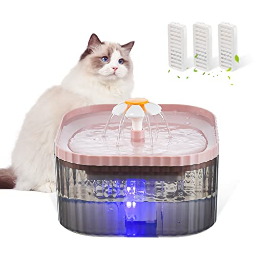 JEERAMIA 85oz/2.5L Cat Water Fountain with LED Light, Ultra Quiet Pet Water Dispenser with Smart Pump and 3 Replacement Filters, Automatic Flower Fountain for Dog & Cat (Pink)