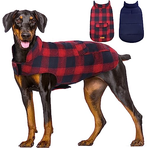 Kuoser Dog Winter Coat, Reversible Dog Jacket, Warm Dog Coat British Style Puppy Cold Weather Coat, Windproof Dog Clothes Dog Vest for Small Medium and Large Dogs Red XL