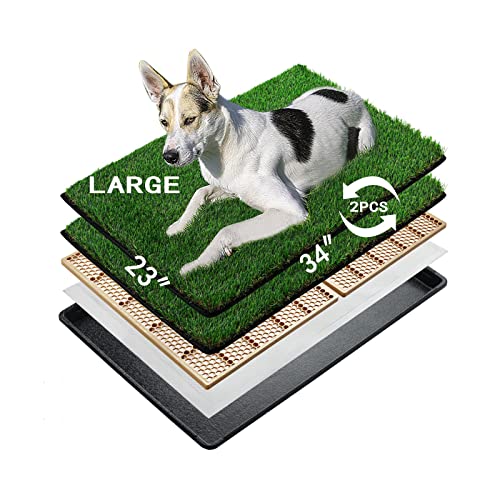 MEEXPAWS Dog Grass Pee Pads for Dogs with Tray, Large Size 34 by 23 in, 2 Dog Artificial Grass Pads, Indoor Dog Litter Box