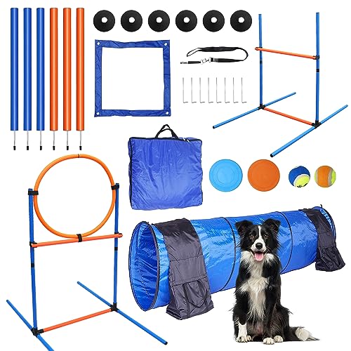 MelkTemn Dog Agility Training Equipment Set Outdoor Indoor, Tire Jump + Hurdle Jump, Tunnel, Weave Poles w/Stand, Pause Box, 2 Toy Balls, 2 Flying Discs, 1 Whistle, Carry Bag, Dog Obstacle Course Kit