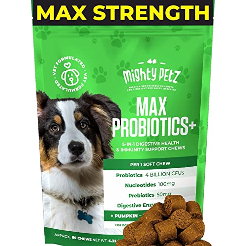 Mighty Petz MAX 5-in-1 Probiotics for Dogs - 4 Billion CFUs Probiotic Chews for Dogs and Digestive Enzymes + Prebiotic + Fiber. Gut Health, Anti Diarrhea, Allergy & Immunity Support
