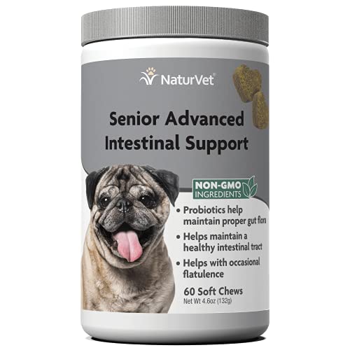 NaturVet Senior Advanced Intestinal Support Dog Supplement – Helps Support Healthy Intestinal Tract Function, Proper Gut Flora – Includes Probiotics, Prebiotics, Enzymes – 60 Ct.