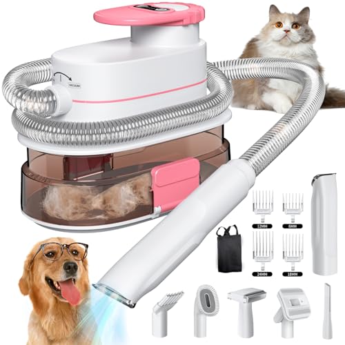 NieMopoty 4L Dog Grooming Kit & Vacuum Suction 99% Pet Hair, Dog Brush & Dog Clippers for Shedding with 8 Pet Grooming Tools, Low Noise Pet Grooming Vacuum for Dogs Cats（Pink)