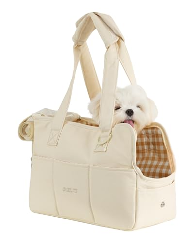 ONECUTE Dog Carrier for Small Dogs with Large Pockets, Cotton Bag, Dog Carrier Soft Sided, Collapsible Travel Puppy Carrier(Medium, Up to 16lbs, 17 * 7.5 * 12 Inches, Beige)