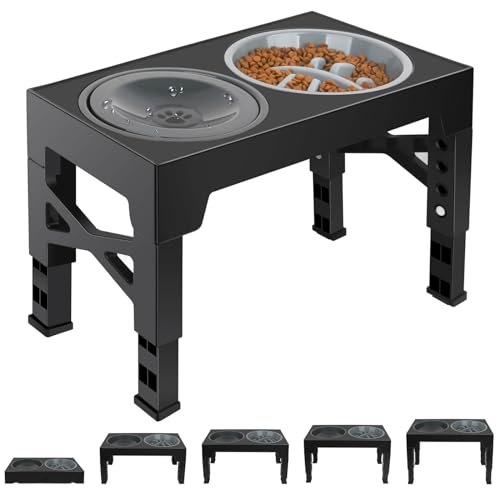 Petizer Adjustable Dog Bowl Stand, 2-in-1 Design, 5 Height Options, Slow Feeding, Sturdy & Stable, Easy Installation