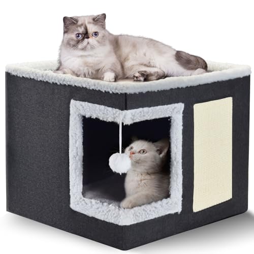 petizer Cat Bed for Indoor Cats, Large Covered Cat House with Scratch Pad, Foldable Cat Cave Bed & Hideaway Cube with Reversible Cushions, Cute Cat Condo for for Multi Small Pet Kitten (Dark Grey)