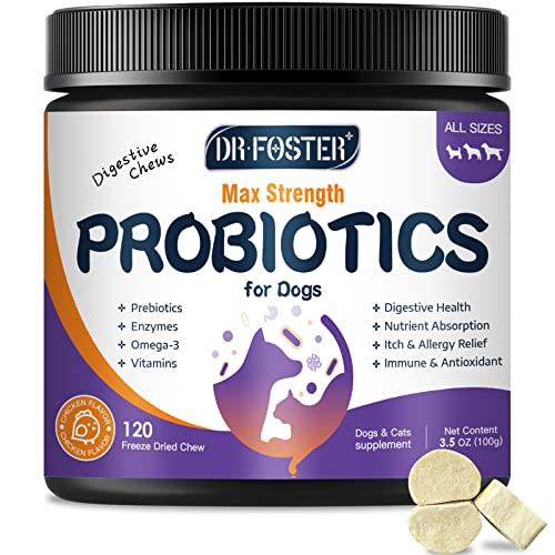 Probiotics for Dogs, Freeze-Dried Dog Probiotics and Digestive Enzymes, Plus Omega-3 for Itchy Skin, 3-in-1 Prebiotics for Digestive Health, Dog Vitamins and Supplements for Immune Health, 120 Bites