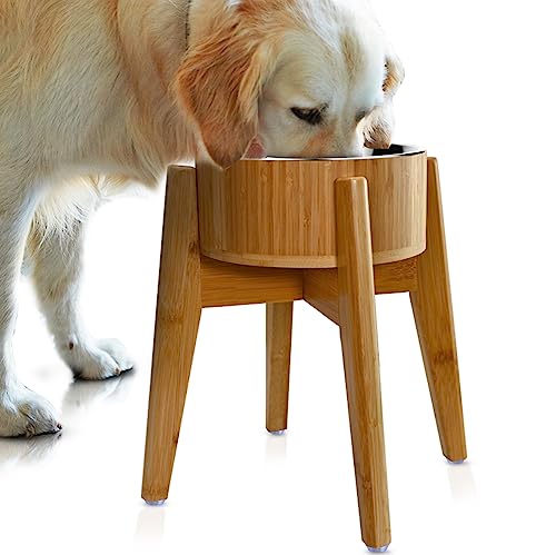 Raised Dog Bowl - Large, Elevated Dog Dish Made of Bamboo and Stainless Steel (15-inch High, 9.5 Wide) - Single Lifted Food Station for Large Breeds