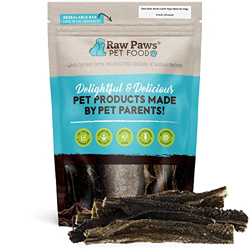 Raw Paws Green Lamb Tripe Sticks for Dogs, 10-Pack - Single Ingredient, Crunchy Green Tripe Lamb Dog Treats - Free Range Dehydrated Lamb Tripe for Dogs All Natural Dog Chews