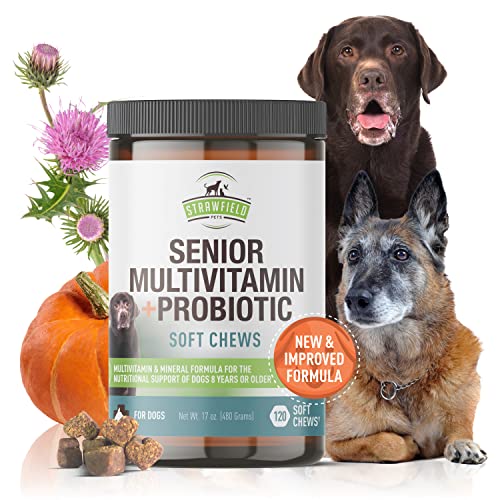 Strawfield Pets' Senior Multivitamin + Probiotics for Dogs with Milk Thistle Joint Support Supplement for Dogs Peanut Butter Flavor 120 Crunchy Soft Chews