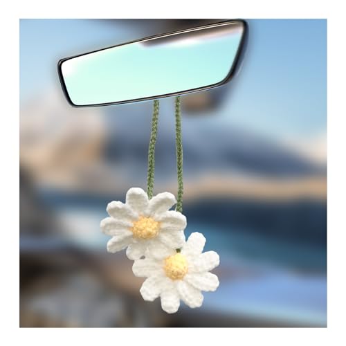 Suvnie Crochet Daisy Flower Accessories for Women Girls, Cute Car Rear View Mirror Hanging Daisy Decorative Charms, Universal Handmade Daisy Aesthetic Ornament for Most Vehicles (White)