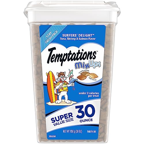 TEMPTATIONS MixUps Crunchy and Soft Cat Treats, Surfer's Delight Flavor, 30 oz. Tub