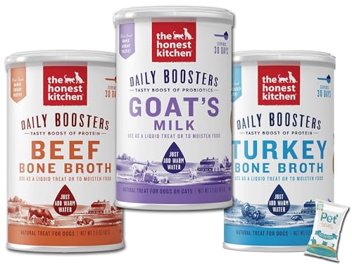 The Honest Kitchen (3 Pack) Probiotic Goat's Milk, Beef Bone Broth and Turkey Bone Broth Pet Food for Cats and Dog with 10ct Pet Faves Wipes