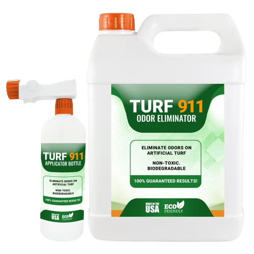 TURF 911 PET ODOR ELIMINATOR FOR ARTIFICIAL TURF. COMMERCIAL STRENGTH. ONE GALLON CONCENTRATE DESTROYS URINE ODORS ON ARTIFICIAL TURF, DOG KENNELS, GRAVEL DRIVEWAYS, CONCRETE SURFACES AND WOODEN DECKS. POWERFUL, ROBUST FORMULA GETS THE JOB DONE QUICKLY AND EFFECTIVELY.