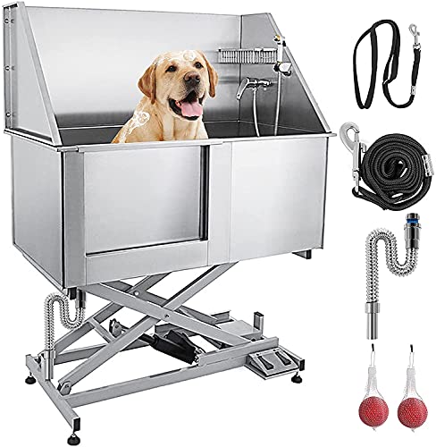 VEVOR 50" Electric Pet Dog Grooming Tub Stainless Steel X-Style Electric Lift Height Dog Bath Tub Pet Washing Station with High Pressure Sprayer and Plate Dog Wash Tub Left Door