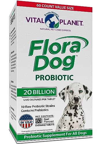 Vital Planet - Flora Dog Chewable Tablets Probiotic Supplement with 20 Billion Cultures and 10 Strains, High Potency Immune and Digestive Support Probiotics for Dogs, 60 Beef Flavored Chewable Tablets