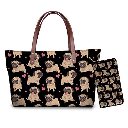 WELLFLYHOM Luxury Handbags Women Bags Designer Street Fashion Tote Bag Ladies Black Pug Dog Printed Tote Purse with Wallet Set/2pcs Designer Shoulder Bags Medium