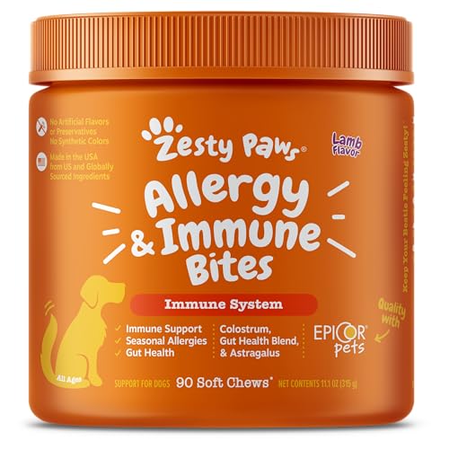 Zesty Paws Allergy & Immune Supplement for Dogs - for Seasonal Allergies, Immunity Pet Skin Health & Digestion - Dog Soft Chews with Omega 3 Salmon Fish Oil, EpiCor Pets & Colostrum - Lamb - 90 Count