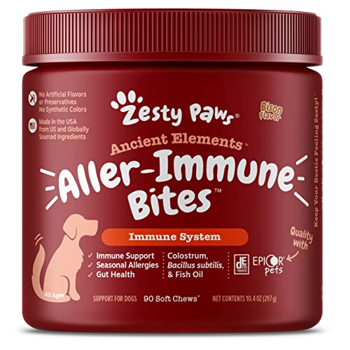 Zesty Paws Dog Allergy Relief - Anti Itch Supplement - Omega 3 Probiotics for Dogs - Salmon Oil Digestive Health - Soft Chews for Skin & Seasonal Allergies - with Epicor Pets – AE- Bison - 90 Count
