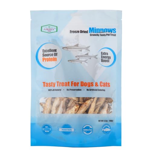 Amzey Minnows - 3.5 oz Freeze Dried - 100% Natural Premium Cat Treat, Dog Treat - Freeze Dried Minnows for Cats - Freeze Dried Minnows for Dogs - Bulk Package Minnows (1.6 "to 2.8" Length Each)