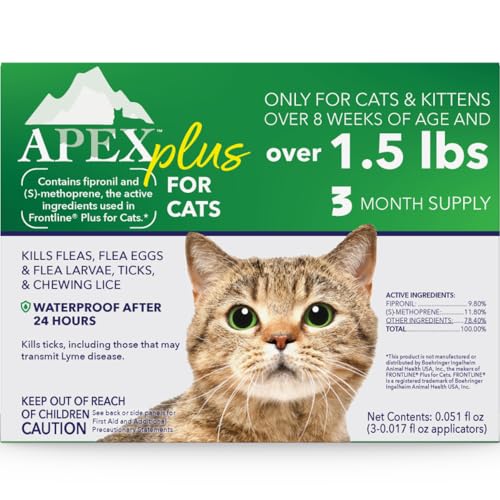 Apex Plus Flea Treatment for Cats, 1.5+ lbs — Cat Flea, Tick, Flea Eggs, Flea Larvae, and Chewing Lice Prevention for 30-Days — 3-Month Supply